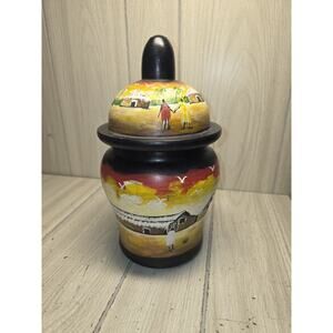 Vtg Wood Hand-Painted Jar Village Scene Decorative Ghana Tribal 11" Flawed